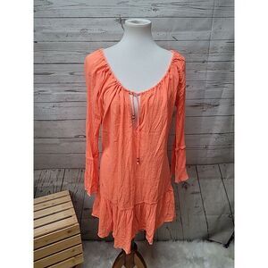 Polo Ralph Lauren Women's Sz M Top Cover-Up Tunic‎ Long Sleeve Neon Orange Beads